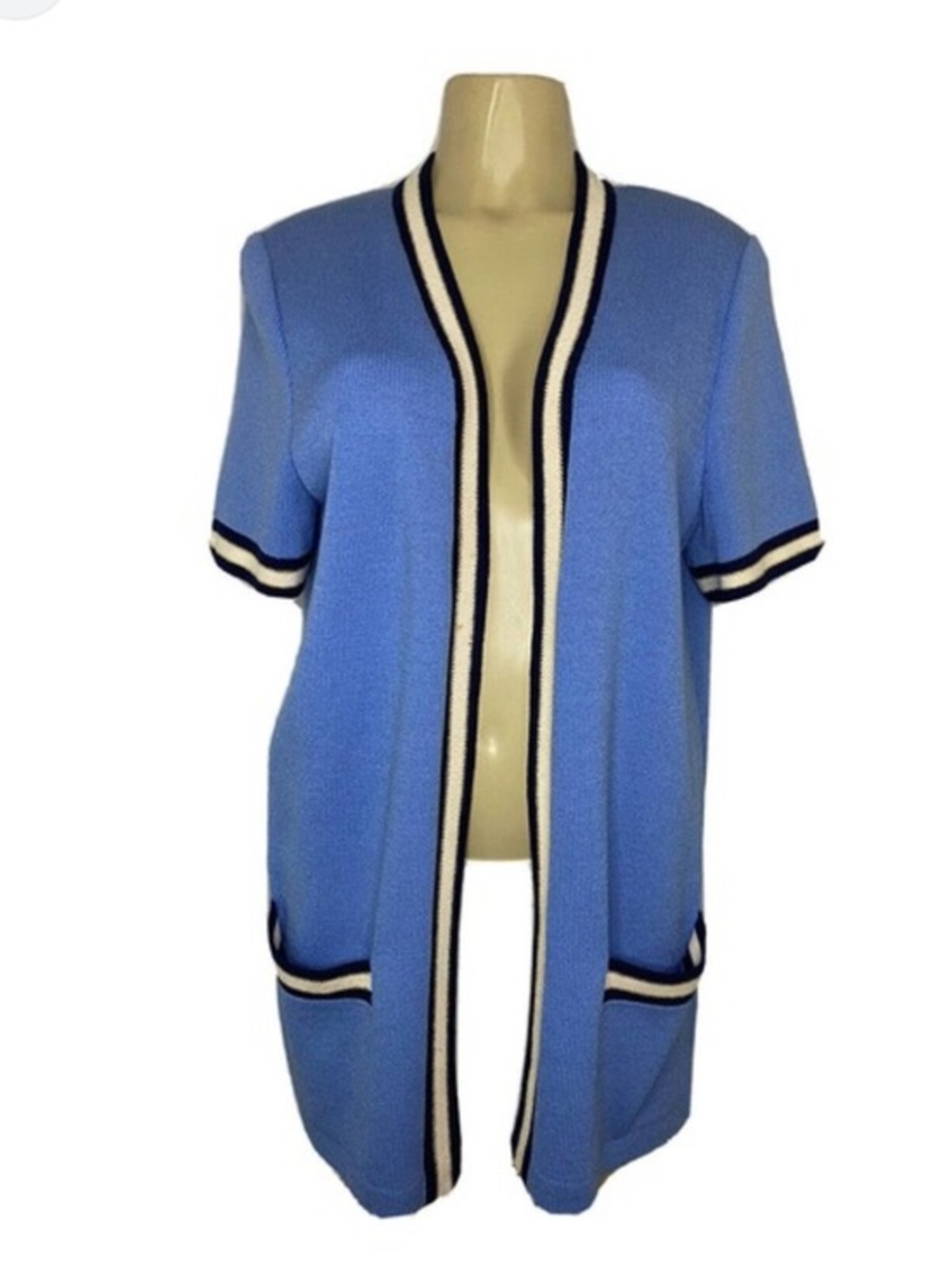 St John Santana Knit Open Front Jacket Cardigan Blue White Medium